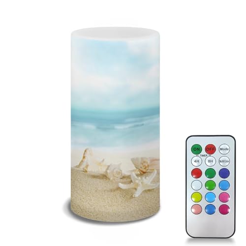 Image of Flameless LED Candles Battery Operated Candles with Remote Control Timer Flickering Effect Pillar Candle Coastal Beach Theme Home Bathroom Indoor Decoration, Beach Starfish Conch