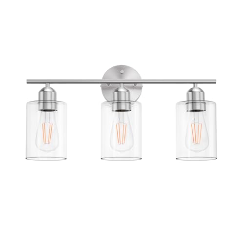 Image of Bathroom Vanity Light Fixtures Brushed Nickel, 3 Lights Bathroom Over Mirror, UL Certified, Modern Wall Lighting Fixtures with Glass Shade, E26 Socket