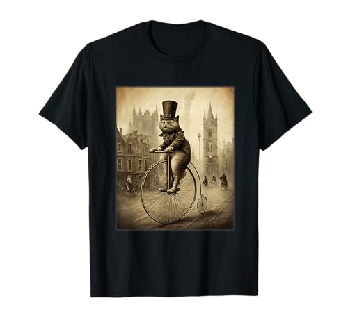 Funny Cat Top Hat Riding Penny Farthing Bicycle Cute Vintage T-Shirt