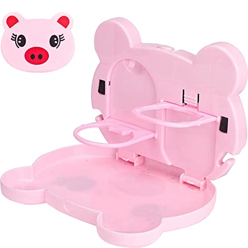 Image of WAYUTO Car Backseat Tray Table with 2 Hidden Hook 2 Drink Cup Holder Cartoon Animal Vehicle Storage Stand Organizer Portable Foldable Baby Mobile Dining Table for Kids Toy Food Pink Pig