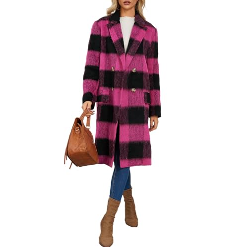 Image of watersouprty Womens Winter Oversize Lapel Collar Woolen Plaid Double Breasted Long Peacoat Jacket
