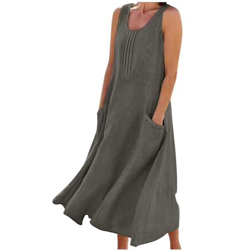 Vestido largo para mujer, casual, de gran tamaño, sin mangas, con bolsillo, plisado, holgado, ligero, cómodo, ropa de descanso, para playa, para salir, ropa de verano, gris, XXL