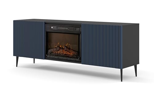 Homlando Ravenna 2D - Armario para TV (170 cm, con chimenea eléctrica, mesa baja, aparador, frontal fresado), color negro mate y azul