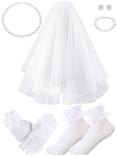 Newcotte 6 Pcs First Communion Veil Catholic Set Girl Communion Veil, Gloves, Lace Socks, Pearl Necklace, Bracelet, Earrings