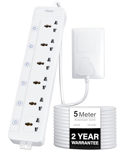 Image of FEDUS Surge Protector, 6 Universal Sockets with Individual Switch, 5 Meter 16 Feet Long Cable, Extension Board Cord, Automatic Overload Protection, Fireproof Power Strip Switch Board, Spike Guard