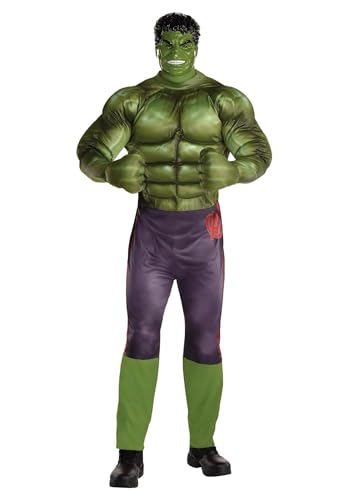 Mens Classic Hulk Costume | Superhero Padded Muscle Jumpsuit with Mask and Gloves for Halloween Birthday Parties Standard