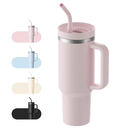 LEIKEEGO Travel Mug Coffee Cup 1200ml/40oz Tumbler with Straw and Lid Stainless Steel Double Wall Vacuum Insulated Coffee Cup with Handle-Keeps Cold for 24H-Hot for 12H(Pink)