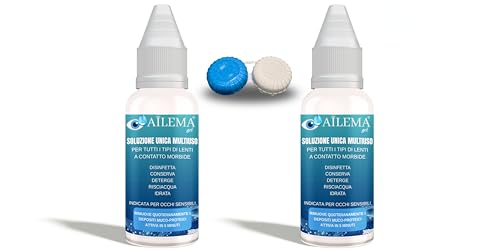 Ailema 2 Confezioni di Soluzione Unica+Porta Lentine|Azione 4 in 1|con Acido Ialuronico |Lubrifica,Detergi e Proteggi le Lenti a Contatto|Formula Occhi Sensibili (360 ml x2 con Porta Lentine)