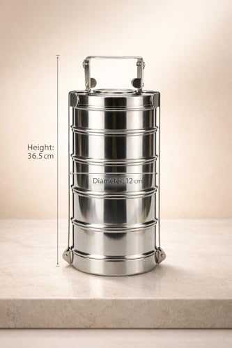 Image of WEKTU Stainless Steel Tiffin Box, 5 Tier Lunch Container with Locking Clips, Leak-Resistant Food Storage for Office, School and Travel
