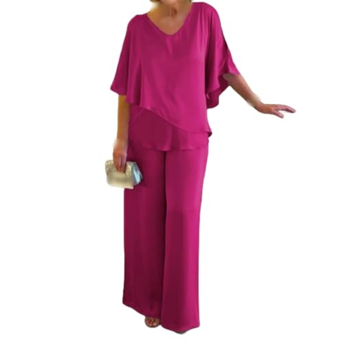 FANOIES Traje tipo túnica gris de doble capa para mujer, 2 piezas, talla grande, vestidos de madre de la novia, trajes de pantalón, Rosa Roja, XXL