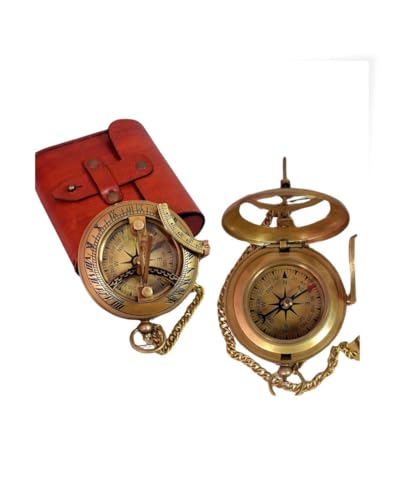 Brújula de bolsillo de latón con reloj de sol y estuche de cuero, herramienta náutica vintage para aventuras al aire libre y coleccionistas miniatura 1