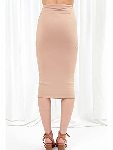 FashionMille Women Solid Basic Casual Stretch Elastic Waist Bodycon Midi Pencil Skirt3