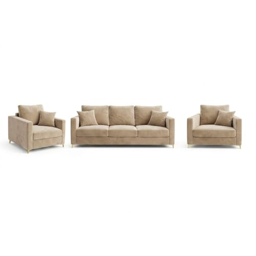 Image of Hayes Rich Velvet Suede 3+1+1 Seater Sofa Set | Golden Aesthetic Legs | Soft Touch Comfort | 5 Person Seating | Modern Living Room Set (Beige)