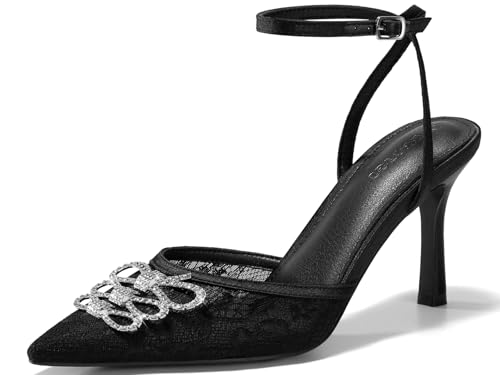 Coutgo Womens Rhinestone High Heels Closed Pionted Toe Bow Mesh Pumps Ankle Strap Wedding Bride Dress Shoes