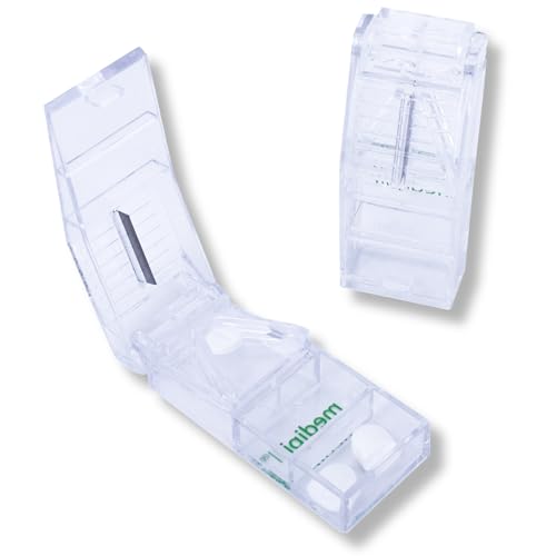 MEDIPILL - Cortador de pastillas | Corte preciso de medicamentos pequeños y grandes | 2 compartimentos de almacenamiento | Plástico libre de BPA | Una pieza | Borrar | MED-CP-T