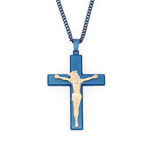Arrow Jewelry Stainless Steel Blue IP-Plated Cross with Rose Gold Tone IP-Plated Jesus Crucifix Pendant Necklace, 24