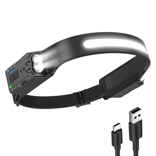 Diboniur Head Torch Rechargeable,Running Head Torch with 8 Lighting Modes,340° Wide Angle Head Torches LED Super Bright Rechargeable with Motion Sensor,IPX4 Waterproof Lumilight Head torch for Camping