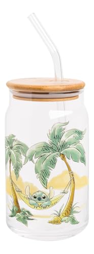 Image of Silver Buffalo Disney Lilo and Stitch Relaxing Chilling in Hammock Island Glass Jar Tumbler with Bamboo Lid and Glass Straw, 16 Ounces