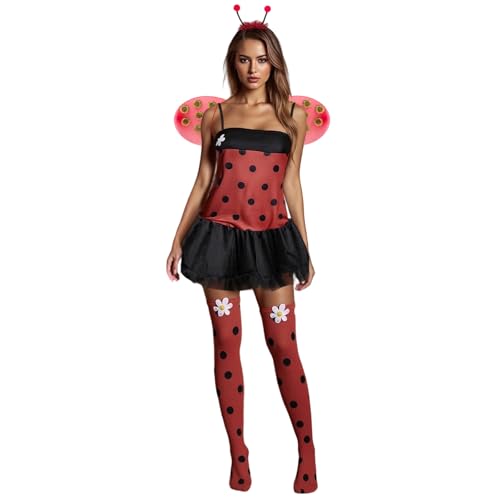 Alaurbeauty Damen-Halloween-Insektenkostüm, süßes Bienen-Marienkäfer-Kleid und Flügel-Stirnband-Set für Weihnachts-Cosplay-Party-Outfits (Black,...