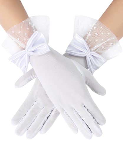 MIREAZW Womens Lace Gloves Tea Party Gloves With Sheer Bow Short Princess Wedding Evening Costume Accessories White