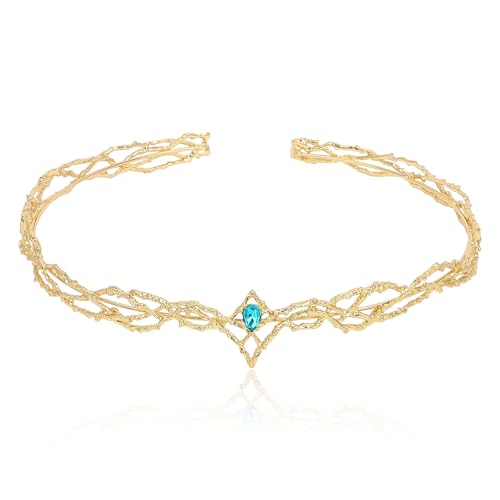ANBALA Rhinestone Fairy Crown for Women Crystal Elf Crown Gold/Blue Circlet Costume Headwear for Men Renaissance Headpiece for Birthday Party Cosplay Halloween