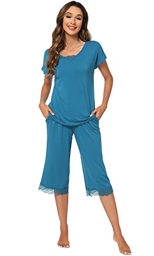 Pyjama en bambou pour femme vêtement de nuit rayé col en V ensemble pantalon capri WiWi