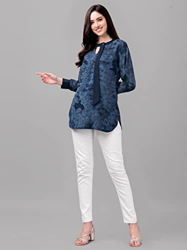 Image of Gufrina Women's Georgette Apple Cut Short Kurti with Long Puff Sleeves Western Style Keyhole Neck Solid Pattern Regular Fit and Mid Thigh Length