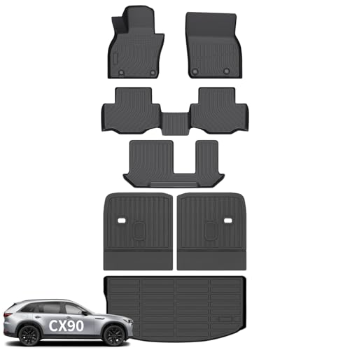 Wayhigh Floor Mats & Backseat Cargo Liner for Mazda CX90 & CX-90 PHEV 2024 2025 2026 7 Passenger 2nd Row with Bench Seat (50/50 Velcro Tape Fixed Backmats) TPE 3 Rows Waterproof Car Mat