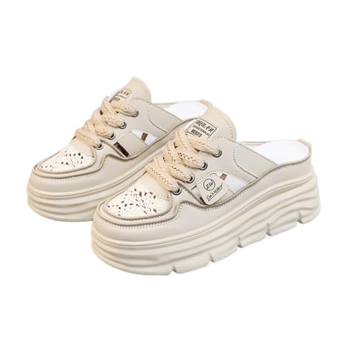 Women's Chunky Platform Mules Thick Sole Lace Closed Toe Hollow Out Slip-on Sneakers Comfortable Casual Summer Flats