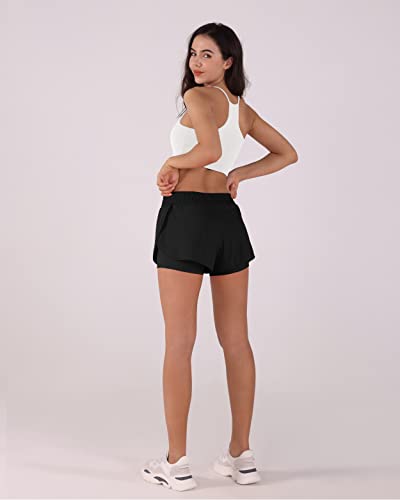 Ododos Women's 2 In 1 Athletic Shorts With Pockets High Rise Workout Yoga Running Shorts With Liner, Black, Medium #TOP3