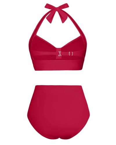 Image of Holipick Women High Waisted Bikini Set Two Piece Swimsuit Tummy Control Bathing Suit Vintage Halter Swimwear