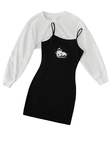 COZYEASE Girls' 2 Piece Outfits Drop Shoulder Long Sleeve Crop Top Pullover and Graphic Cami Bodycon Dress