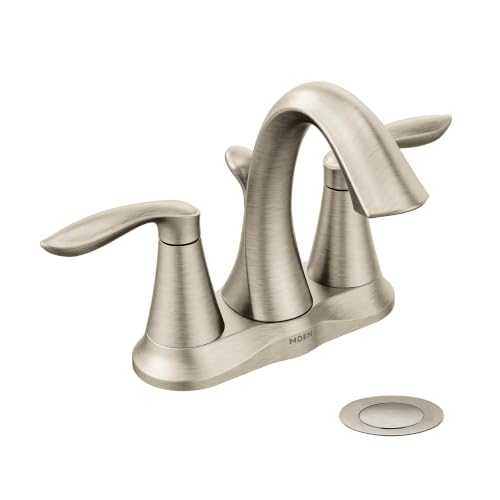 Image of Moen Eva Brushed Nickel Two-Handle 4-Inch Centerset Bathroom Faucet with Drain Assembly, Bathroom Faucets for Sink 3-Hole, 6410BN