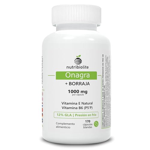 ONAGRA + BORRAJA 1000 mg - 12% GLA, Vitamina E Natural y B6 P5P para Equilibrio Hormonal, SPM, Menopausia y Salud de la Piel | 170 Perlas de Aceite Natural Prensado en Frío - Nutribiolite