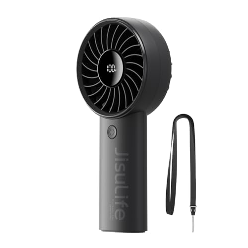 JISULIFE Mini ventilador de mano, ventilador portátil de 5000 mAh, ventilador de mano recargable por USB con pantalla digital, 5 velocidades de viento, ideal para viajes/escuela/pestañas-negro