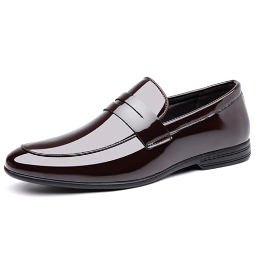 Mens Patent Leather Chunky Heel Penny Loafers Classic Smooth Pointed Toe Slip-On Low Heel Dress Tuxedo Shoes for Work Business Wedding Formal Shoes