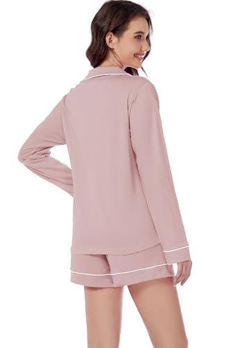 Image of LUBOT 100% Cotton Pajamas for Women 2PC PJ Set Womens Soft Long Sleeve Button-Down Shirt Two Piece Set Sleepwear Loungewear Night Suit (Ash Pink, 2XL)