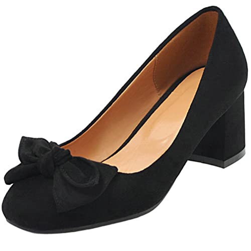 KISSASA Womens Square Toe Low Block Heel Faux Suede Bow Pumps Office Dress Shoes