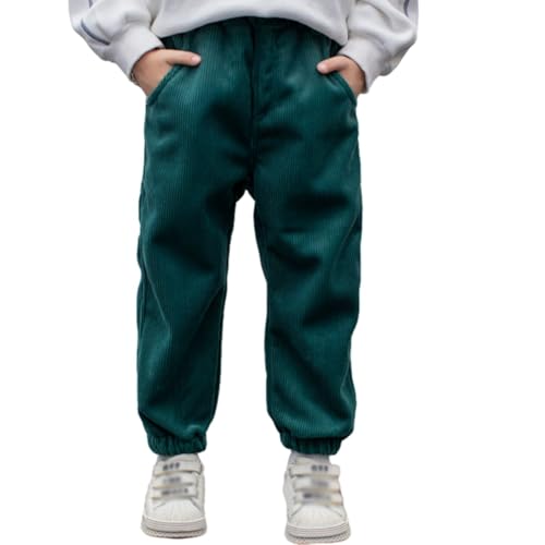 Miyanuby Haremshose aus Cord für Jungen und Mädchen, einfarbig, elastische Taille, Jogger, Winter, warme Fleece-gefütterte Hose, 3–10 Jahre, Sweathose mit Taschen, grün, 9-10 Jahre