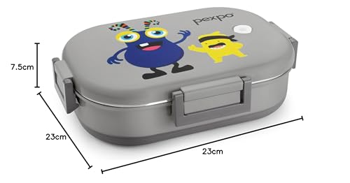 Image of Go24 pexpo Tango Monster(Blue) Printed Stainless Steel Insulated Tiffin Box for Kids (650ml) and Small Container (150ml) with Spoon - Grey| | Anti-Skid Rubber Base| Kids Lunch Box for School, Picnic