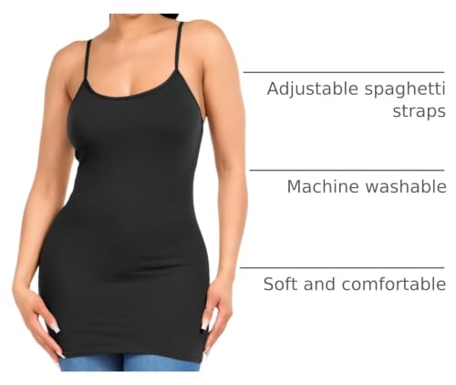 Image of Long Cotton Camisole Tank Tops for Women | Basic Braless Layering Tops with Adjustable Spaghetti Straps