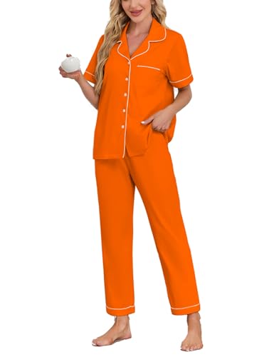 Image of COLORFULLEAF Women's 100% Cotton Pajamas Set Button Down Sleepwear Short Sleeve Shirt and Long Pants Soft Ladies Lounge Sets