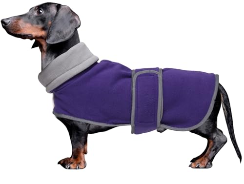 Dachshund Coats Sausage Dog Fleece Coat in Winter Miniature Dachshund Clothes with Hook and Loop Closure high vis Reflective Stripe Safety Purple S