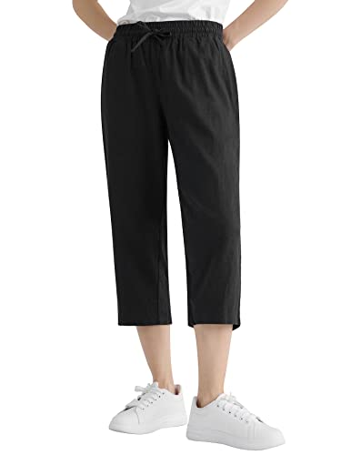 Weintee Women's Linen Crop Pants Capris with Pockets