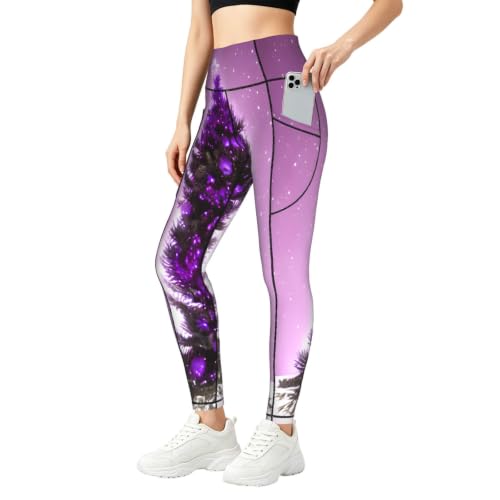 Pantalones de yoga para mujer elásticos con bolsillos y diseño de Navidad morado