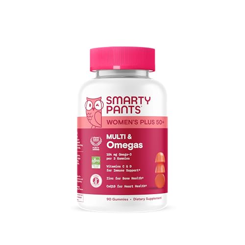 SmartyPants Multivitamin Gummy for Women 50 and Over - Improved Formula: Omega 3 (DHA/EPA), Methylfolate, CoQ10, Vitamin D3, C, Vitamin B12, B6, A, K, Biotin, Gluten Free, 90 Count (30 Day Supply)