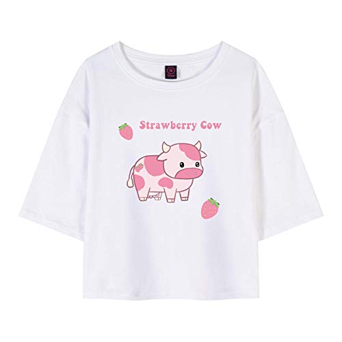 Image of KEEVICI Girls' Cute Strawberry Cow Print T Shirts Short Sleeve Crop Cotton Tops