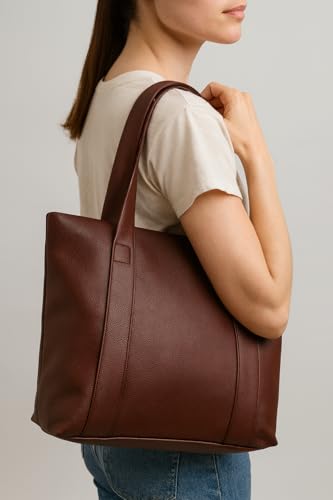 Image of Women's Brown Leather Tote Bag for Office | Laptop Handbag with 11 Inch Compartment, Multiple Pockets & Zipper | Large Capacity Work Shoulder Bag for Daily Use & Travel | quality material