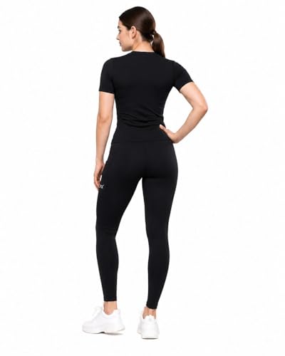 Image of Women's Gym Co-ord Set, Black, Premium Athletic Leggings with Phone Pocket and Short Sleeve Top