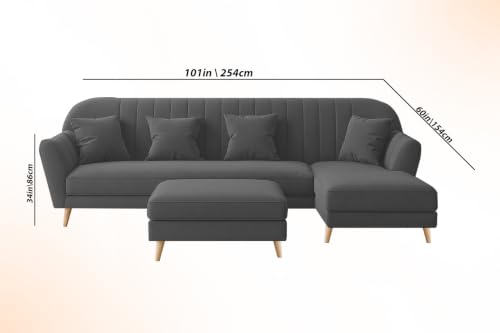 Image of Atticus RHS 6 Seater L Shape Sofa Set with Ottoman Living Room (Black Colour Fabric) Premium Fabric Sofa Set for Living Room